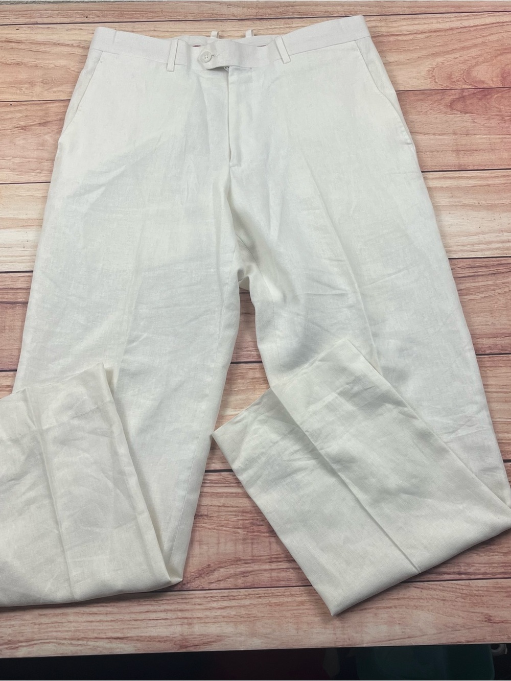 Brioni Dress Pants Mens 32x30.5 Ivory Linen Flat Front Belted Straight Leg Italy